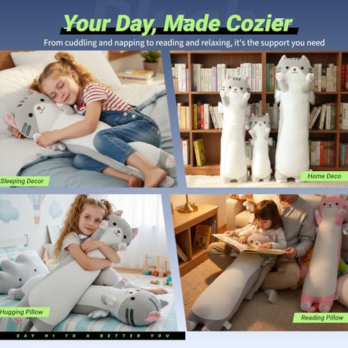 Image of Long Cat Plush Pillow, Cute Cat Stuffed Animal Body Pillow with Wings, Soft Kawaii Kitty Hugging Pillow, Christmas Valentine's Birthday Gift for Kids Girls Boys (Gray, 90cm /35.43in)
