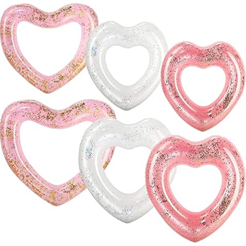 Lenwen 6 Pcs Heart Pool Float, 43"/31" Inflatable Glitter Heart Floatie Tubes Heart Bachelorette Party Prop Heart Summer Swimming Ring for Wedding Betrothal Party Decor(Many Colors) Cover