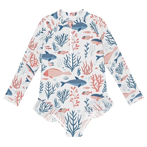 Fish Coral Girls Long Sleeve Swimsuit Rash Guard One Piece Bathing Suits Zipper 3-12T