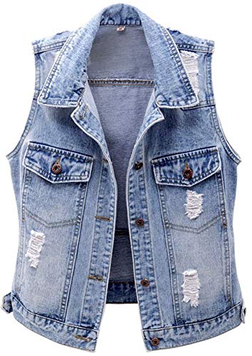 KEDERA Women Ripped Distressed Sleeveless Denim Jean Cropped Vest Jacket (Blue, X-Small)