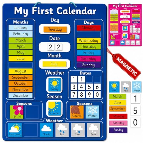 Interactive Childrens Magnetic Learning Calendar - Blue- Fun Educational Tool for Time Seasons and Weather Awareness - 40x32 cm with Easy Hang Loop
