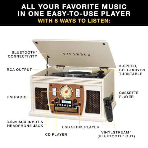 Image of Victrola Navigator - 8-in-1 Bluetooth Record Player - Espresso | Real wood cabinet plays vinyl, CD, cassette, FM radio, USB and aux, built-in speakers, remote control included