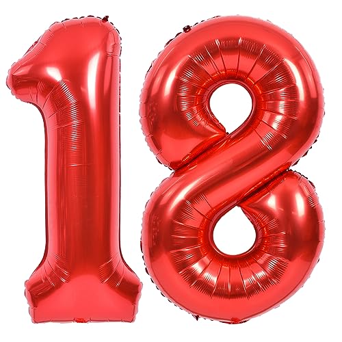 Image of TONIFUL 40 Inch Red Number 18 Balloons Large Foil 18th Birthday Decorations