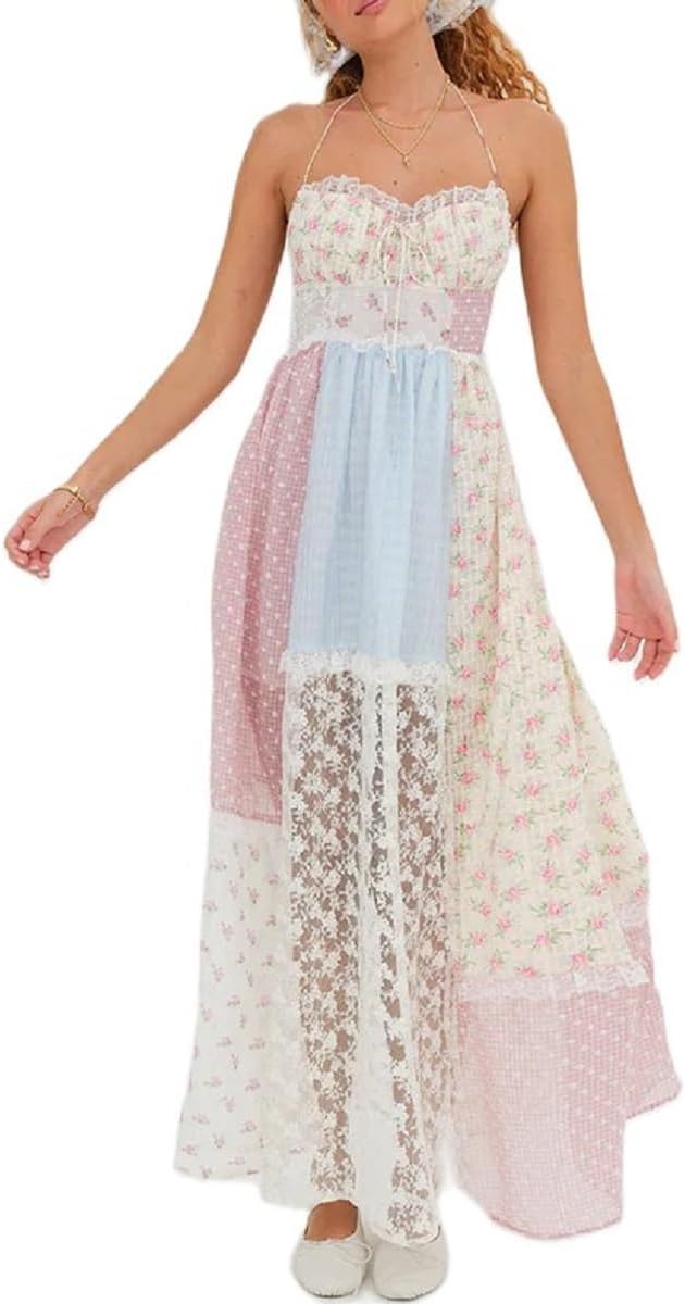 Argeousgor Women 2024 Bohemian Maxi Dress Sleeveless Embroidered Flowy Smocked Long Dress Summer Beach Sundresses