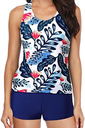 Yonique Tankini Swimsuits for Women 3 Piece Bathing Suits Swim Tank Top with Boy Shorts and Bra Modest Swimwear Blue Leaf M