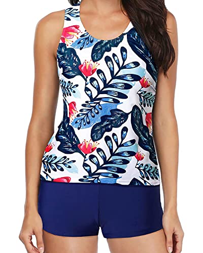 Yonique Tankini Swimsuits For Women 3 Piece Bathing Suits Swim Tank Top With Boy Shorts And Bra Modest Swimwear Blue Leaf M #TOP2