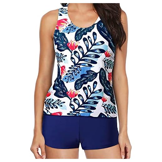 Yonique 3-teiliger Tankini-Badeanzug für Damen, Bauchkontrolle, Bademode, Teenager, athletisches Tanktop mit BH und Boy-Shorts - Blau - X-Large