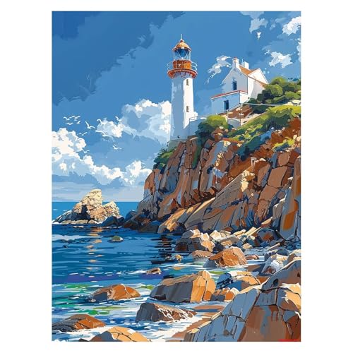 数字油絵 シービュー ペイントバイナンバー 手芸キット 灯台 DIY Paint by Numbers 80 x 60CM 数字でペイント手作りキット カラフル キャンバス絵画 初心者向手芸芸術品 壁の装飾 ホーム オフィス装飾 ギフト (フレームレス)