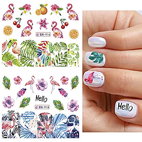 12 Sheets Flamingo Nail Stickers Summer Water Transfer Nail Decals Holographic Art Sticker Decal Pink Flamingo Green Leaf Nail Art Design For Women Girls Supplies Manicure Decoration Nail Art Decal #TOP4