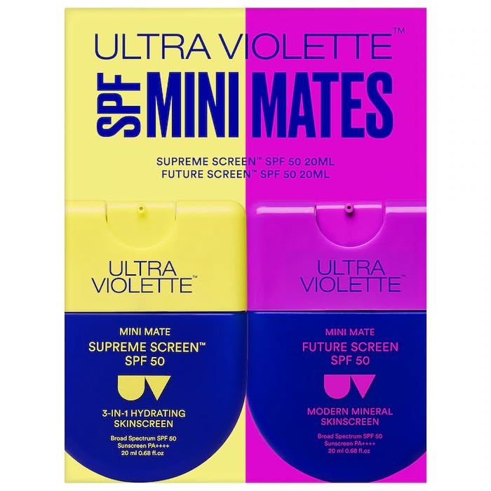 Ultra Violette SPF Mini Mates SPF 50 Hydrating & Mineral Facial Sunscreen Set, Screen & Future Screen SPF 50, Broad Spectrum, Cream, 0.68 oz Each