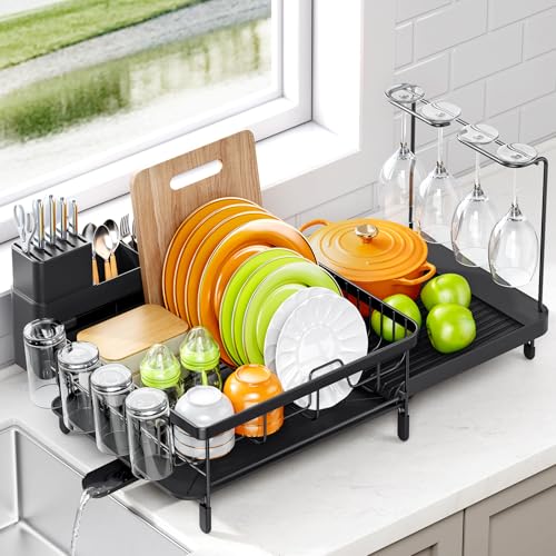 Urackify Dish Drying Rack for Kitchen Counter, Expandable Large Capacity Dish Rack with Drainboard, Wine Glasses Holder, Space Saving Organizer, Black