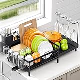Urackify Dish Drying Rack for Kitchen Counter, Expandable Large Capacity Dish Rack with Drainboard, Wine Glasses Holder, Space Saving Organizer, Black