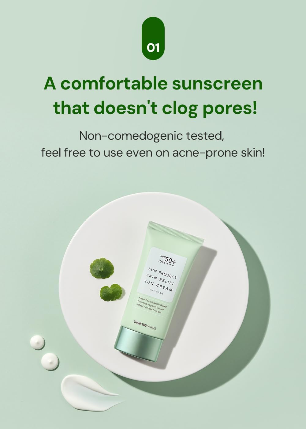 THANKYOU FARMER Sun Project Relief Sun Cream SPF50+ PA++++(50ml) - Centella Asiatica Extracts for Soothing, Reef Safe Sunscreen Travel Size - Image 3