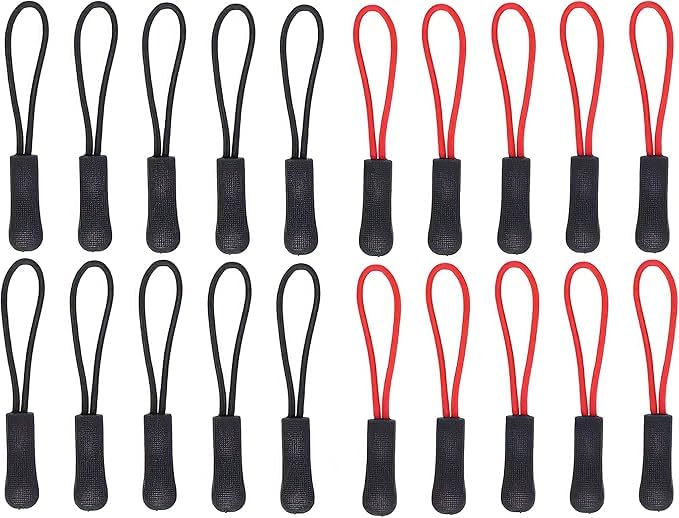 20PCS Zipper Zip Tags Cord Pulls Zipper Extension Replacement for Backpacks, Luggage Bags, Travel Cases, Clothes, Jackets(Black+Red)