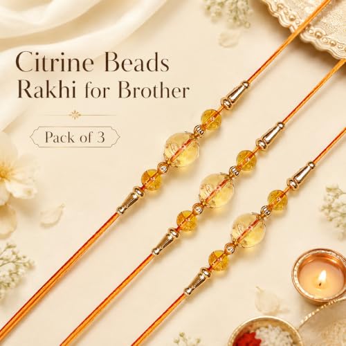 Image of Shubhanjali Crystal Beads Rakhi for Brother | Handmade Healing Crystal Stone Designer Rakhi for Bhaiya | Raksha Bandhan Gift Set with Roli Chawal, Kumkum, Greeting Card & Potli