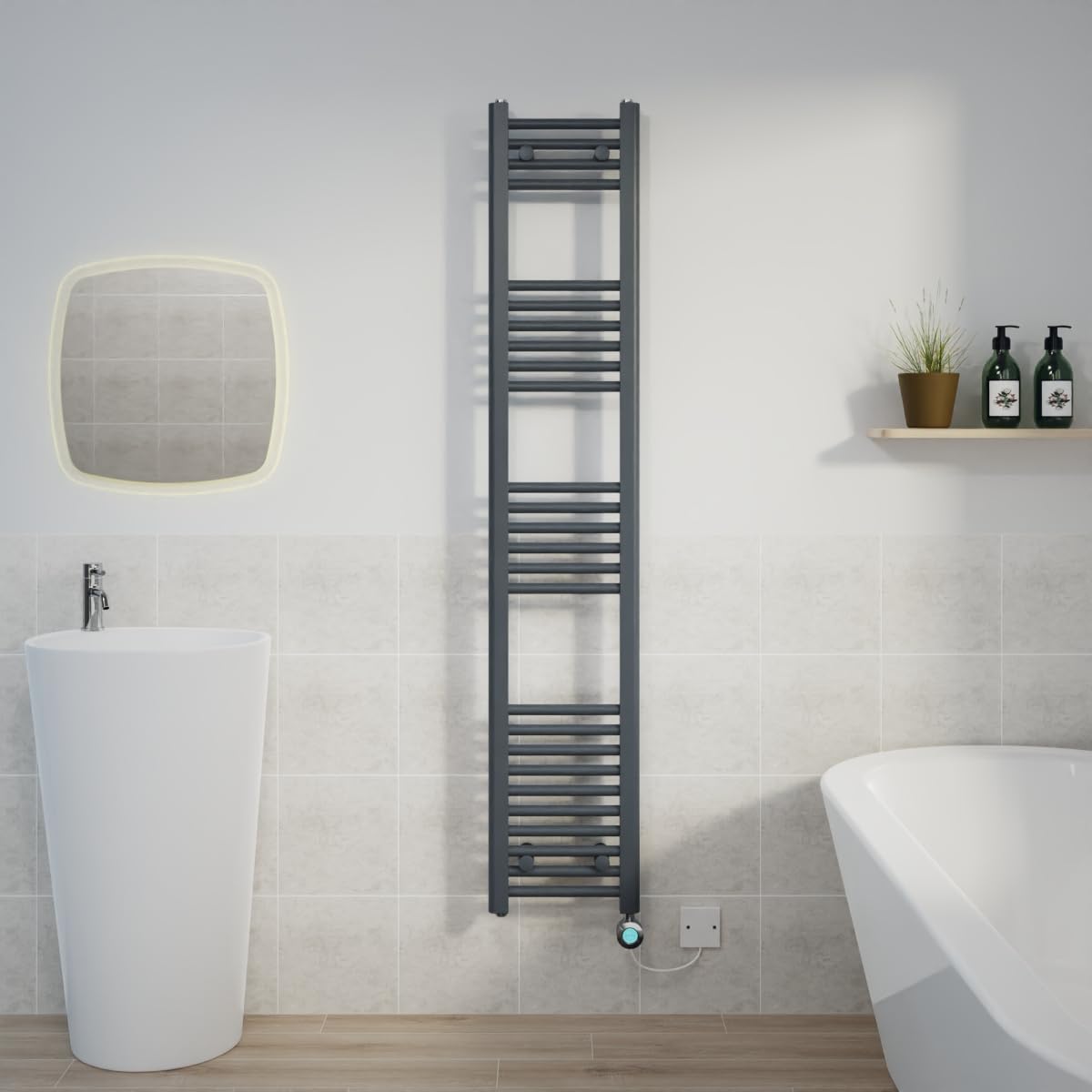 Warmehaus Prefilled 1600x300mm Straight Electric Heated Towel Rail with Timer Thermostatic Bathroom Radiator Anthracite - 800W(Chrome Heating Element)