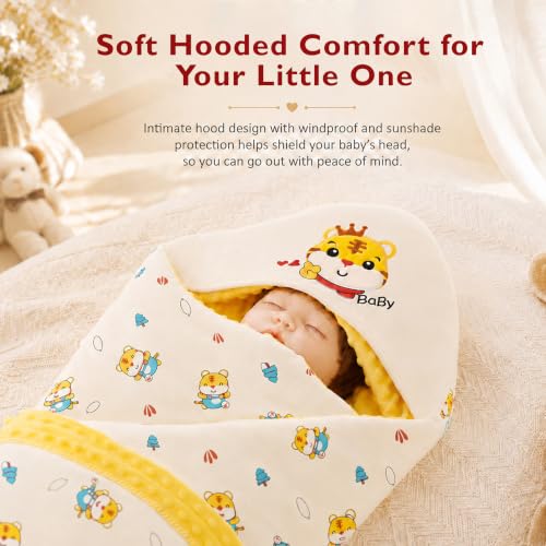 Image of StarAndDaisy Baby Swaddle Wrapper Blanket with Hood | Cotton & Soft Bean Velvet Receiving Blanket | Newborn Baby Wrap, Infant Sleeping Bag, Baby Quilt for Boys & Girls (Yellow)