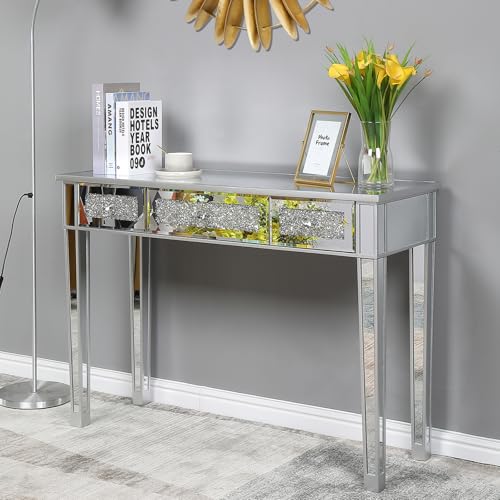 Henf Mirrored Console Table Makeup Vanity Table Dressing Desk, Silver 3 Drawer Entryway Tables w/Crystal Diamond Decorate for Women Girls Entryway Home Office Writing Desk