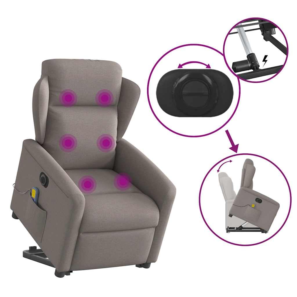 Sillón elevador eléctrico reclinable de tela gris con 6 puntos de vibración, función de elevación e inclinación de 135°, estructura estable y bolsillo lateral