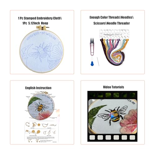 Image of YOUA Honeybee Embroidery Starter Kit for Beginners,Flower Cross Stitch Kits for Adults, Include Embroidery Clothes with Cute Bees and Flowers Patterns,Threads, Needles and Instruction