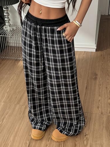 WDIRARA Girl's Plaid Elastic Waist Pants Wide Leg Long Baggy Pants with Pockets4