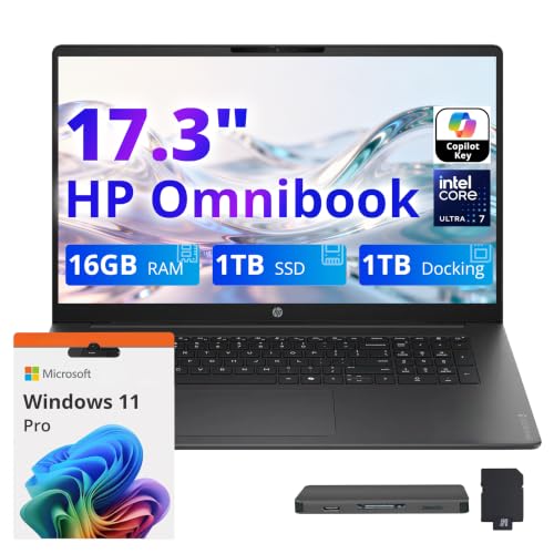 Image of HP OmniBook 17.3 inch FHD Laptop, Intel Core Ultra 7 255U, 16GB DDR5, 2TB Storage (1TB SSD+1TB Docking Station), Intel Graphics, Backlit Keyboard, Copilot+ PC, Win 11 Pro, Mica Silver