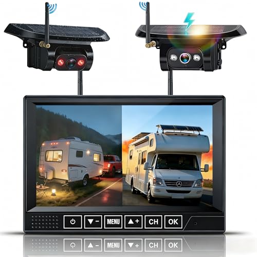 Image of HD 1080P Dual Wireless Backup Camera: 1-Second Magnetic Easy Install RV Backup Camera with 7-inch Split-Screen DVR Monitor - 15200mAh Solar Battery, Up to 3-Day Trip for RV Camping & Travel Trailers
