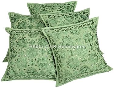 Boho Decorative Toss Throw Pillow Covers 16 x 16 Inch Cotton Mirrored Embroidered Ethnic Square Accent Cushion Covers (Size - 40x40 cm ; Color: Light Green) - Set of 5 Pcs (Cover Only)