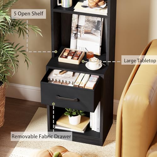 Image of Furologee 6 Tier Bookshelf with Drawer, Black 53 inch Tall Narrow Bookcase, Corner Open Cube Shelves, Industrial Wood Floor Standing Rack, Display Storage Shelf for Living Room, Bedroom, Office, Kitchen