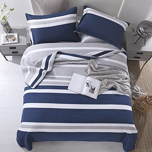 Finlonte Quilts Queen Size 100% Cotton Queen Size Quilt, Navy Blue Striped Queen Quilt, Lightweight Soft Queen Quilt Sets For All Season, 3 Pieces #TOP1