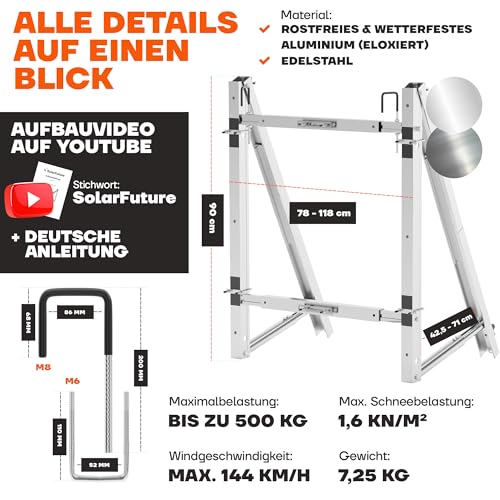 SolarFuture Balkonkraftwerk Halterung Balkon - Flexibel Anpassbar & Sturmsicher | Solarpanel Halterung Solarmodul Halterung Balkonkraftwerk Pv Halterung Photovoltaik Befestigung Balkon Flachdach Wand