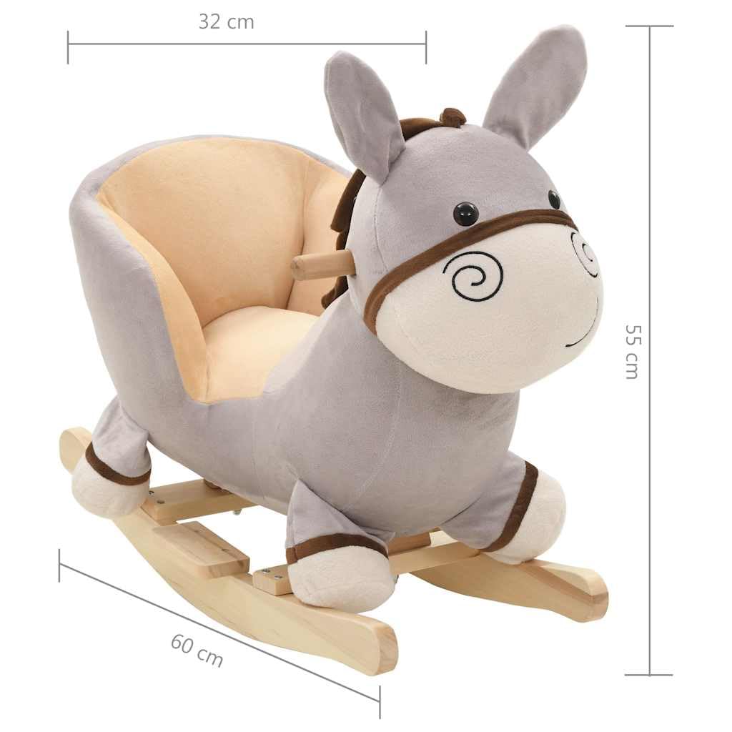 Schaukeltier Esel mit Rückenlehne Plüsch grau 60x32x55 cm Kinder Schaukelpferd mit Holzsockel Metallrahmen Griff und Gurt für Baby Kleinkind Indoor Spielzimmer Geschenk