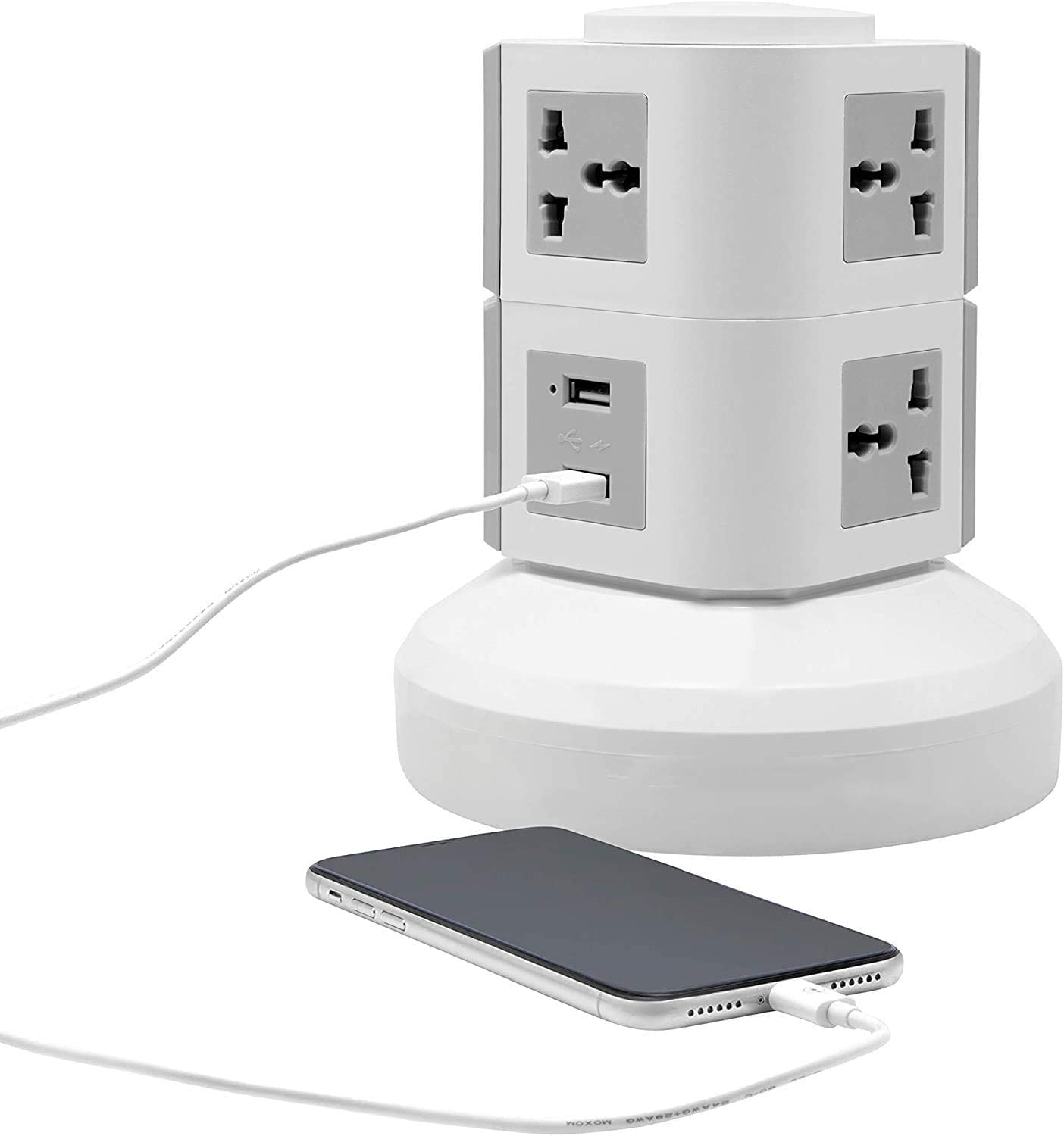 2-Layer Vertical Tower Extension Socket – Universal Multi Plug Power Strip with 2 USB Ports, 3M Cord, Surge & Overload Protection, UK/UAE Plug Charging Station (Grey/White)