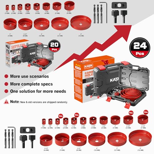Image of KATA 25 PCS Hole Saw Kit with 3 /4 inch-6 inch for Soft Wood, Drywall, Plastic, Red | Carbon Steel Hole Saw Set with Wrench, Mandrels, Hex Key, Multi-Size Hole Cutter Drill Bit for Plywood & Wood Home Use