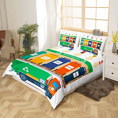 Recycling Trash Truck Duvet Cover Double Size Creen Garbage Truck Comforter Cover For Kids Boys Girls Teens Colorful Recycling Bins Bedding Set Waste Man Gement Themed Bedspread Cover 3 Pieces - Image 2