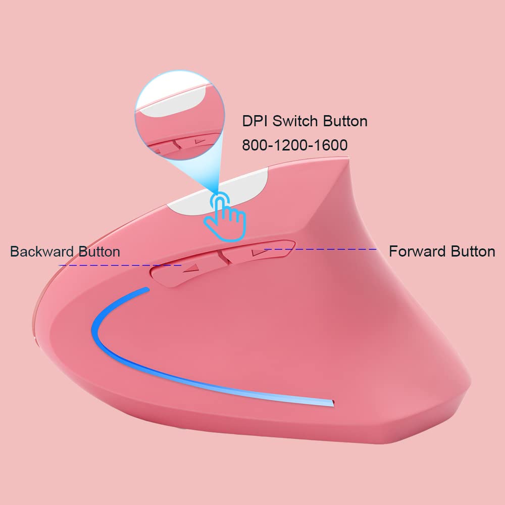 Mysz bezprzewodowa ergonomiczna mysz pionowa Ergo LED Light wysoka precyzja optyczna bezprzewodowa lekka mysz do gier do komputera komputera laptopa Mac komputera stacjonarnego biura, z bocznymi przyciskami, 800/1200/1600 DPI