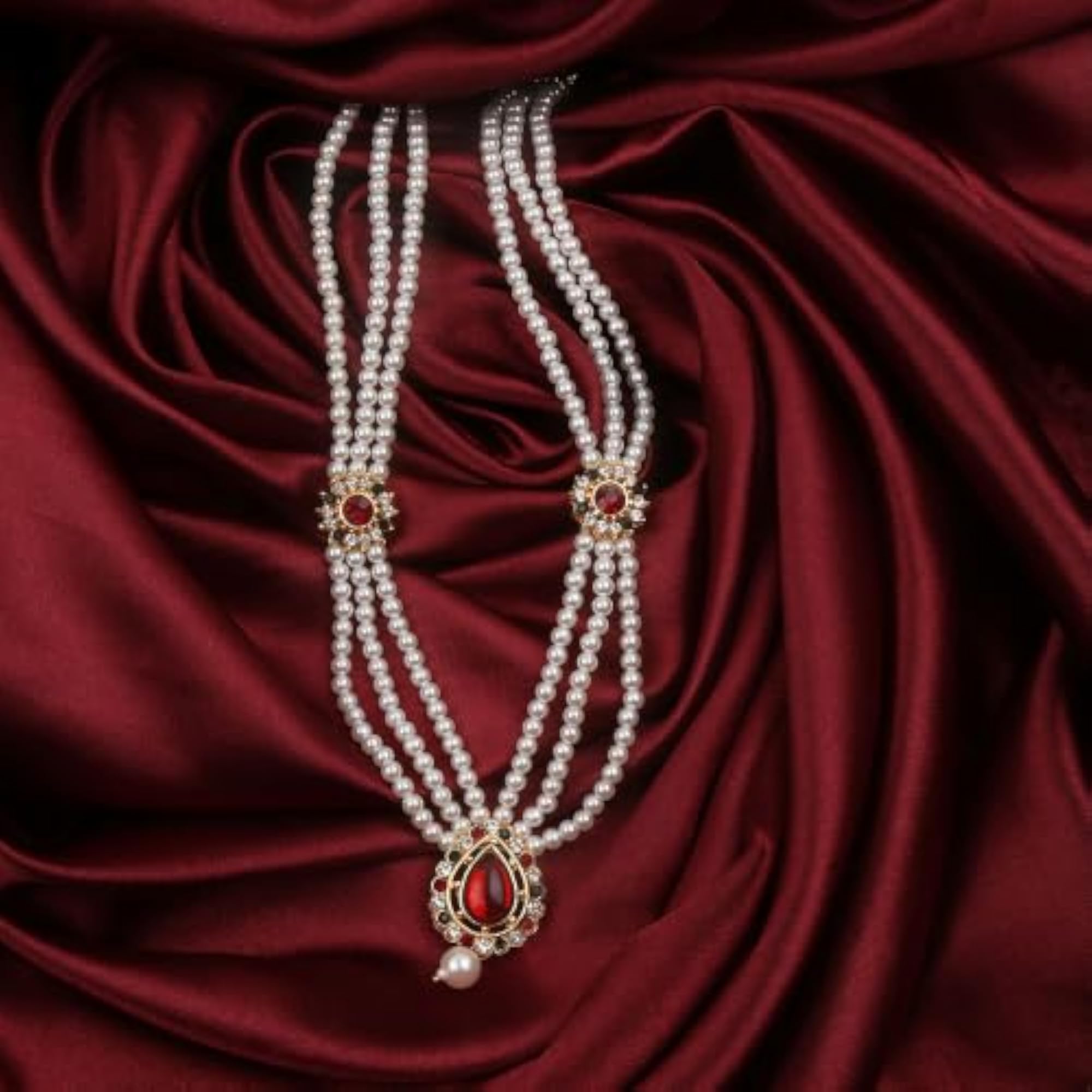 Three Layer Mala Necklace with Red & Green Stone Drop Pendant