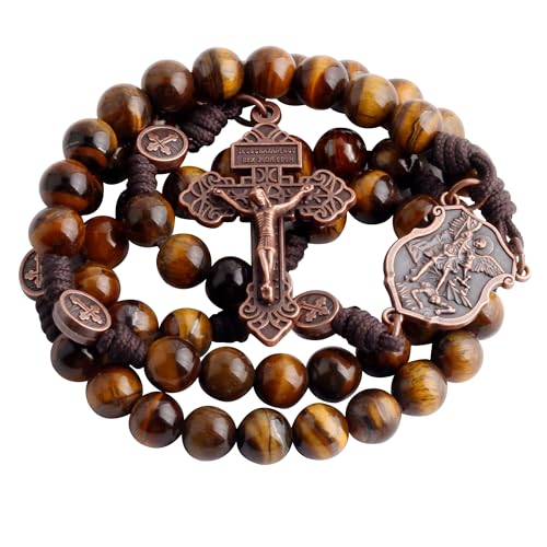 Image of HanlinCC 10mm Natural Stone Beads Handmade Saint Michael Paracord Rosary Necklace with Religious Pouch