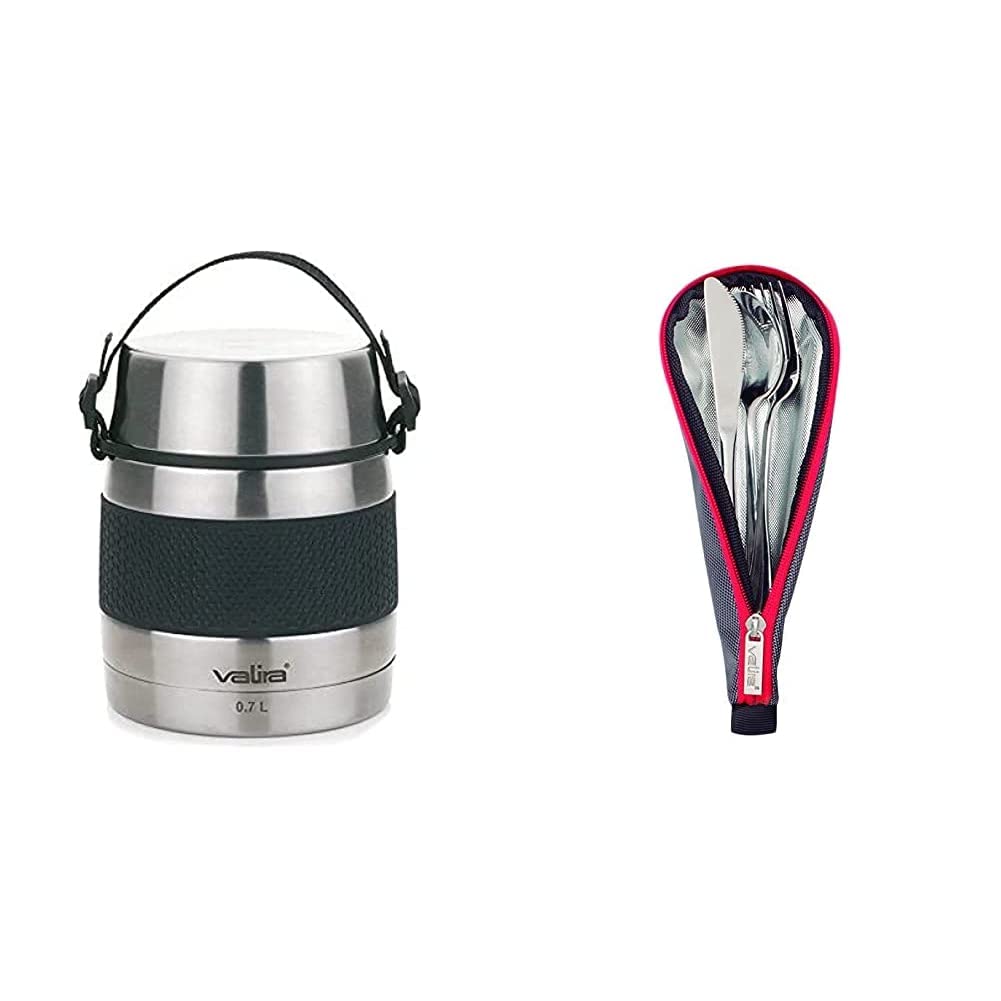 Valira 6614 Termo para sólidos con 2 contenedores interiores, Acero inoxidable, 0.7 L & Porta alimentos - Set de cubiertos