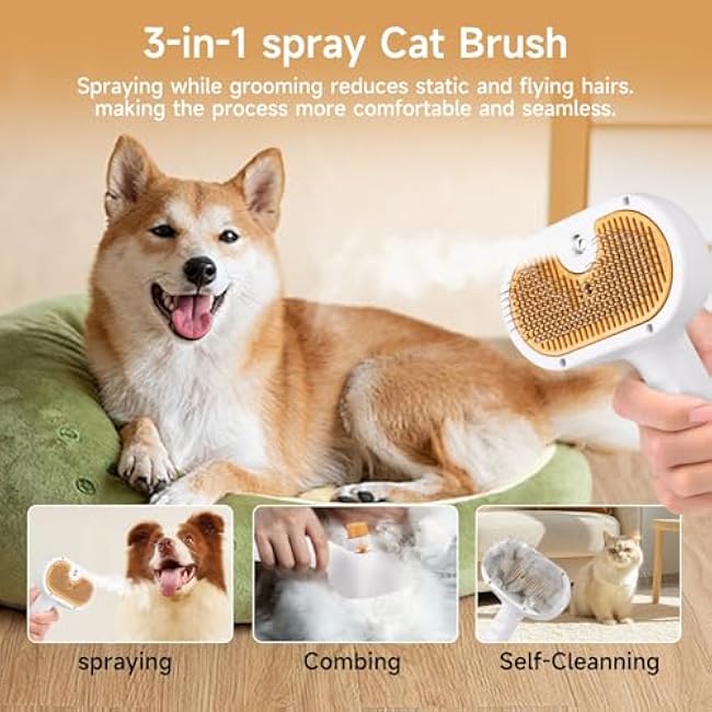 Pet Steam Brush for Dog & Cat ¨C 3-in-1 Spray Hair Removal Comb ¨C Steam for Shedding & Grooming ¨C Water Brush for Long & Short Haired Pets ¨C Spritz Defur Comb ¨C Includes Waterless Shampoo-3IOK2LOd