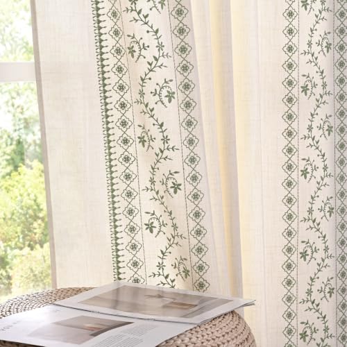 Image of Yinhua Boho Curtains for Living Room 84 Inch Long Sage Green Embroidered Floral Bedroom Curtains, Farmhouse Light Filtering Window Curtain Rod Pocket & Back Tab Drapes, 52 inch W x 84 inch L, 2 Panels