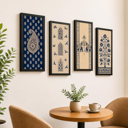 Image of Paintingmantra Indian Heritage Floral Framed Wall Art Painting For Living Room, Royal Elephant, Floral Tree Poster with Frame for Wall, Decoration item for Bedroom, Home, Set of 4, Size- 9.5x19.5 Inch