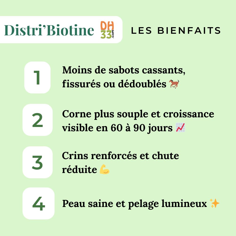 Distri’Biotine 2 kg – Biotine Cheval 400 MG/kg – Sabots Forts, Corne Solide & Pousse des Crins – Complément avec Zinc, Méthionine, Lysine & Vitamine C – 2 Mois de Cure