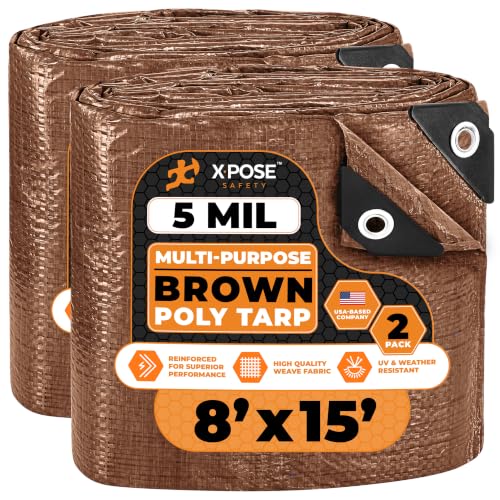 Image of Multipurpose Protective Cover Brown Poly Tarp 8' x 15' (2-Pack) - Durable, Water Resistant, Weather Resistant - 5 Mil Thick Polyethylene - by Xpose Safety