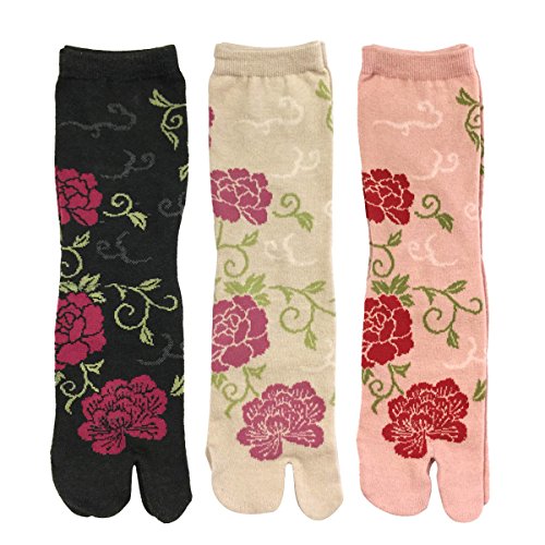 Wrapables Tabi Flip-Flop Socks (Set of 3), Rose & Peony, Black, Beige, Pink