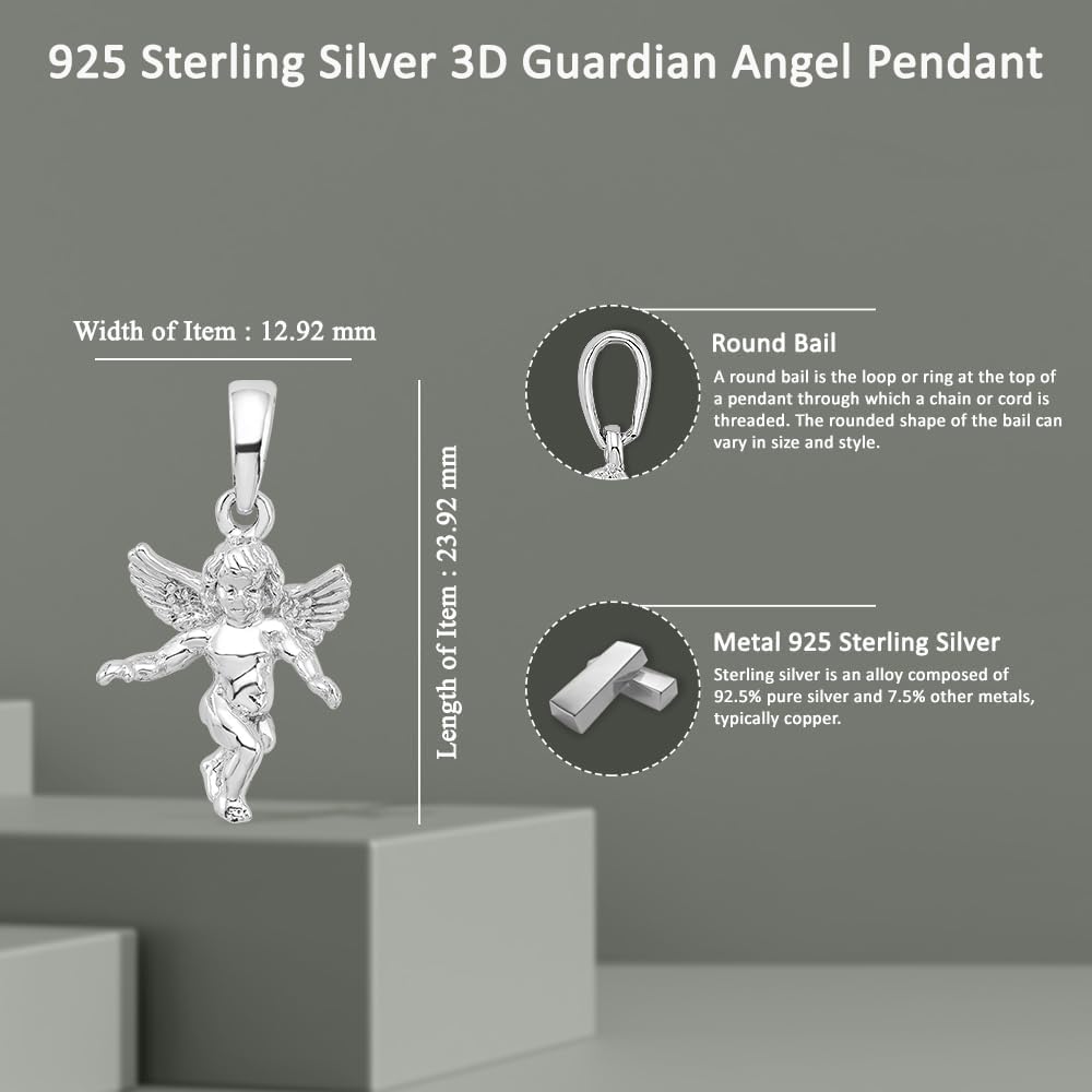925 Sterling Silver 3D Guardian Angel Pendant (L- 0.95 Inch, W- 0.51 Inch) - Image 5