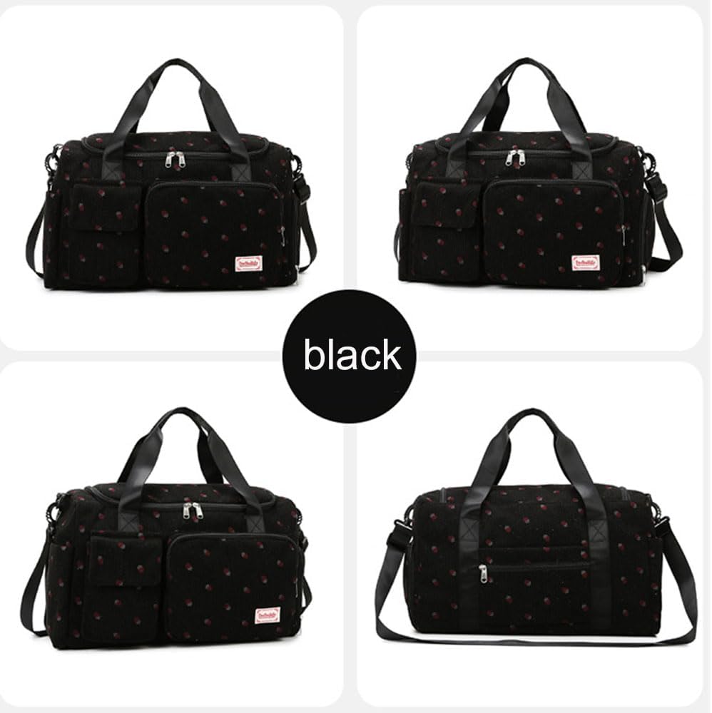 Strawberry Duffel Bag for Girls,Corduroy Gym Bag with Shoe Compartment & Wet Pocket,Cute Travel Weekend Overnight Dance Bag for Teens (black) image 2