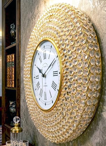 Image of HOMEDECO Large Decorative Crystal Wall Clock Analog Iron Clock Fancy Diamond Beads in Roman Number Modern Designer Luxury Large Clocks for Home Decor Best Gift (Golden 18.5 Inch)