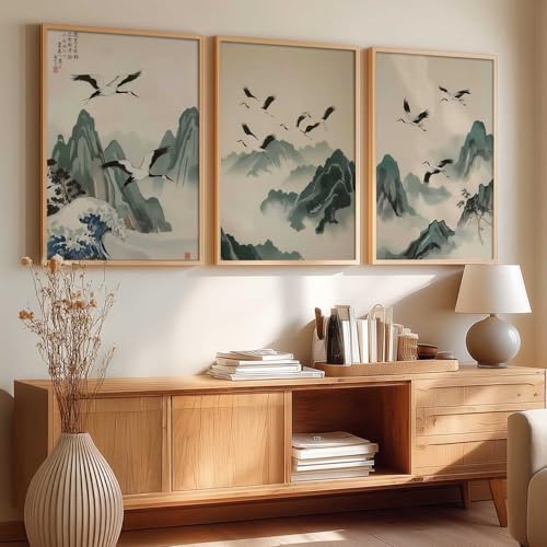 Image of kotart Japanese Nature Art View Framed Poster | Big Aesthetic Nature Art Wall Framed Posters for Living Room Bedroom Wall Decor Set Of 3 (19X25 inch)