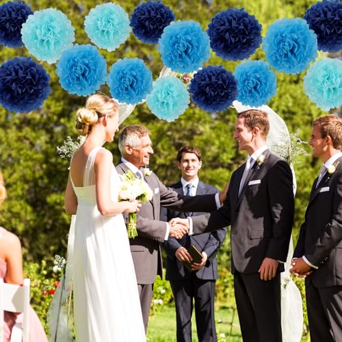 Image of BestoFun 16 PCS Navy Blue Party Decorations Tissue Paper Flowers Pom Poms Decorations for Girl Groovy Birthday Baby Shower Wedding Bachelorette Room Wall Hanging Decor